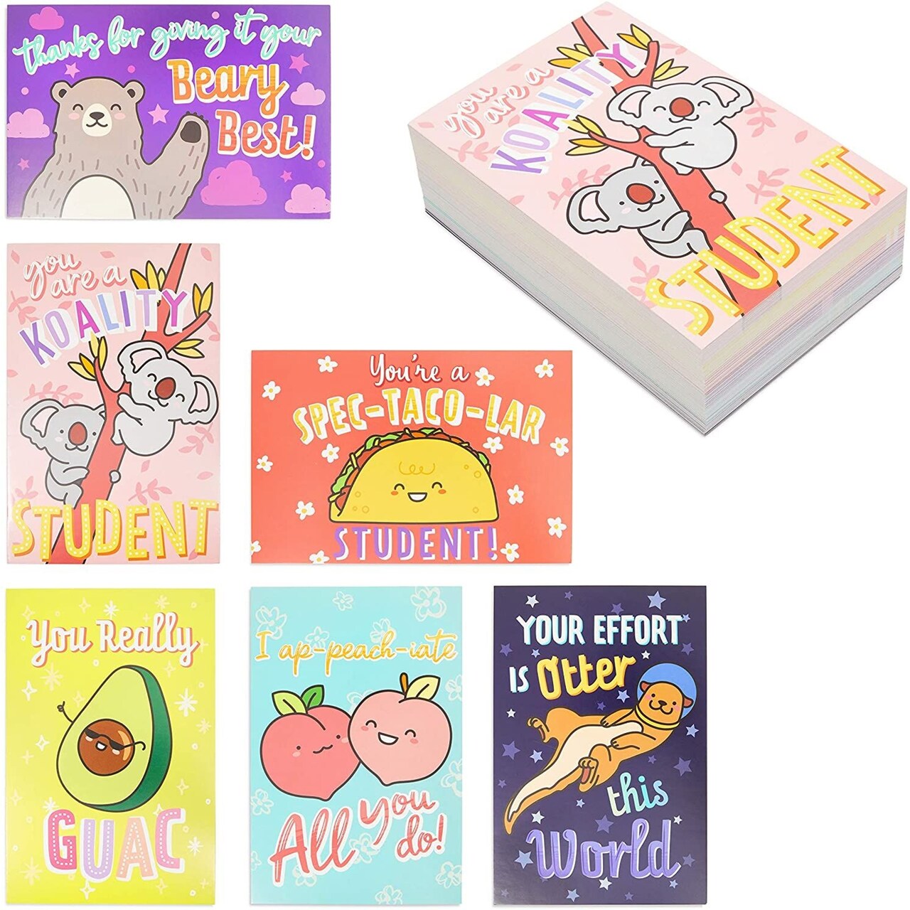 Paper Junkie Teacher Postcards - 96-Count, 4 x 6 in, Multicolor - Blank Pun Postcards for Students & Classroom Must Haves & Teacher Supplies with Cute Food & Animal Illustrations